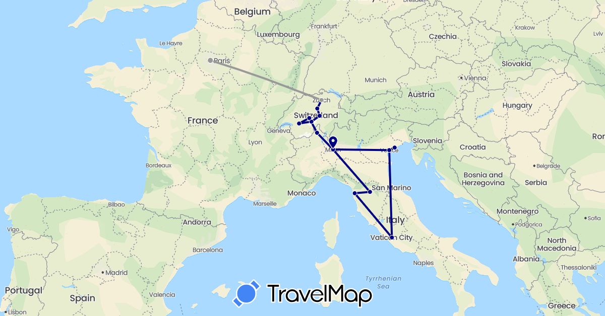 TravelMap itinerary: driving, plane in Switzerland, France, Italy (Europe)